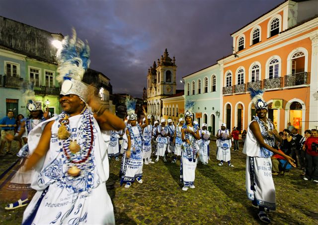 samba dancers in front iglesias rosario dos pretos in pelourinho area in the beautiful city of salvador in bahia state brazil