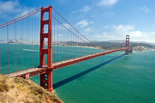 The Golden Bridge in San Francisco with beautiful azure ocean in background
